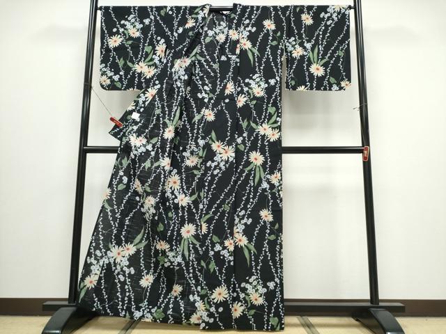 平和屋着物∴夏物 ファッションデザイナー 花井幸子 YUKIKO HANAI 浴衣 菊文 黒地 綿 逸品 CABJ0063ng