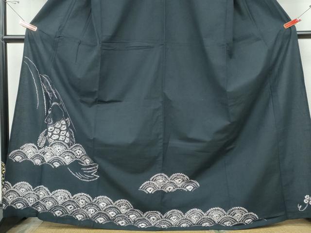 平和屋着物∴夏物 訪問着・浴衣兼用 絵羽浴衣 有松鳴海絞り 鯉の滝登り 黒地 綿 逸品 CABJ0083ng