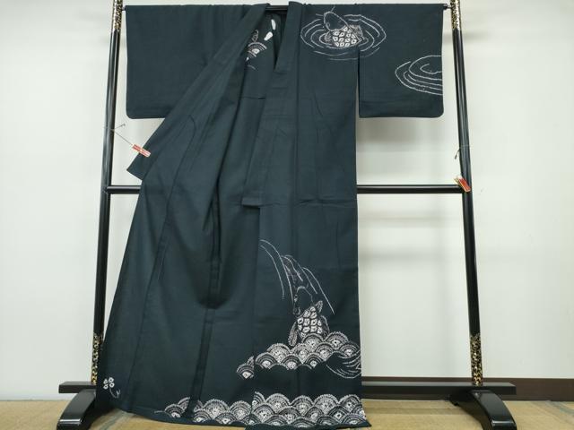 平和屋着物∴夏物 訪問着・浴衣兼用 絵羽浴衣 有松鳴海絞り 鯉の滝登り 黒地 綿 逸品 CABJ0083ng