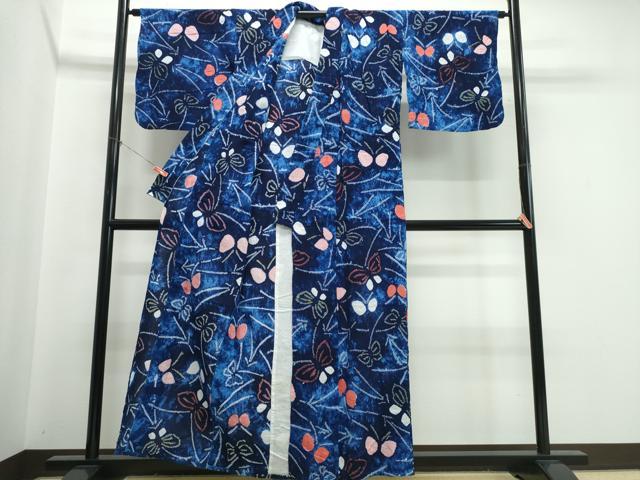 平和屋着物∴夏物 浴衣 有松鳴海絞り こぼれ松葉舞蝶文 綿 逸品 CABJ0201ng
