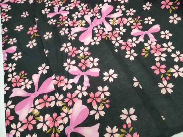 平和屋着物∴夏物 浴衣 綿紅梅 リボン 舞桜 黒地 綿 逸品 CABJ0228ng