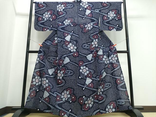 平和屋着物∴夏物 浴衣 有松鳴海絞り 流水扇花文 綿 逸品 未使用 CABJ0243ng