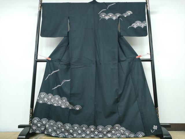 平和屋着物∴夏物 訪問着・浴衣兼用 絵羽浴衣 有松鳴海絞り 飛鳥青海波 黒地 綿 逸品 CABJ0309ng