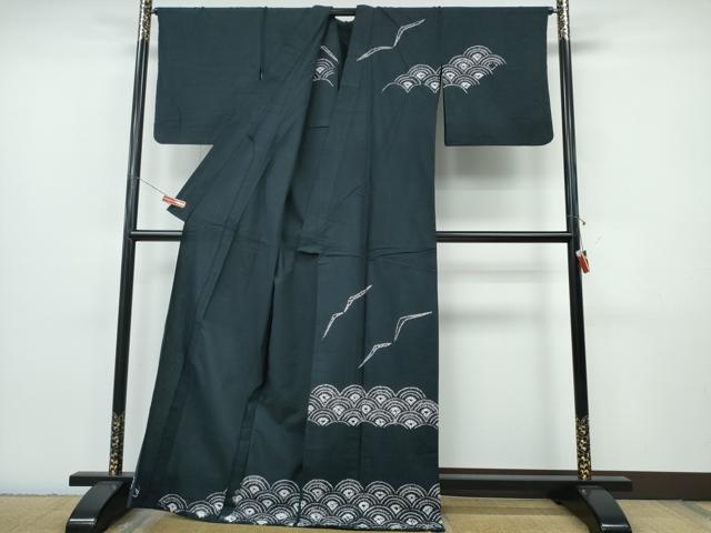 平和屋着物∴夏物 訪問着・浴衣兼用 絵羽浴衣 有松鳴海絞り 飛鳥青海波 黒地 綿 逸品 CABJ0309ng