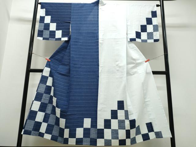 平和屋着物∴夏物 浴衣 訪問着・浴衣兼用 絵羽浴衣 注染 手縫い 格子柄 綿 逸品 CABJ0383ng
