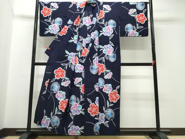 平和屋着物∴夏物 浴衣 注染 手縫い 団扇枝花文 綿 逸品 CABJ0385ng