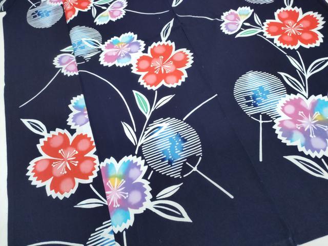 平和屋着物∴夏物 浴衣 注染 手縫い 団扇枝花文 綿 逸品 CABJ0385ng