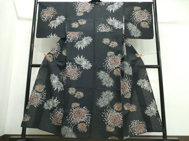 平和屋着物∴夏物 浴衣 注染 手縫い 花火 黒地 綿 逸品 CABJ0390ng