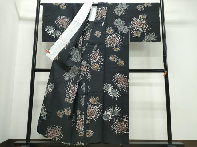 平和屋着物∴夏物 浴衣 注染 手縫い 花火 黒地 綿 逸品 CABJ0390ng