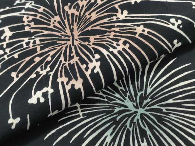 平和屋着物∴夏物 浴衣 注染 手縫い 花火 黒地 綿 逸品 CABJ0390ng