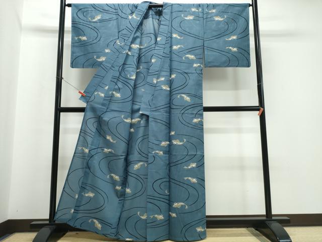 平和屋着物∴夏物 浴衣 綿絽 魚 流水文 綿 逸品 未使用 CABJ0394ng