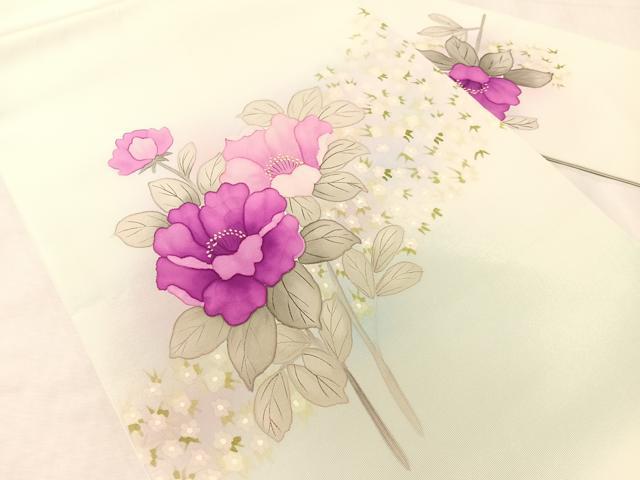 平和屋着物●塩瀬 九寸名古屋帯 手描き 草花文 正絹 逸品 CABJ0404vp