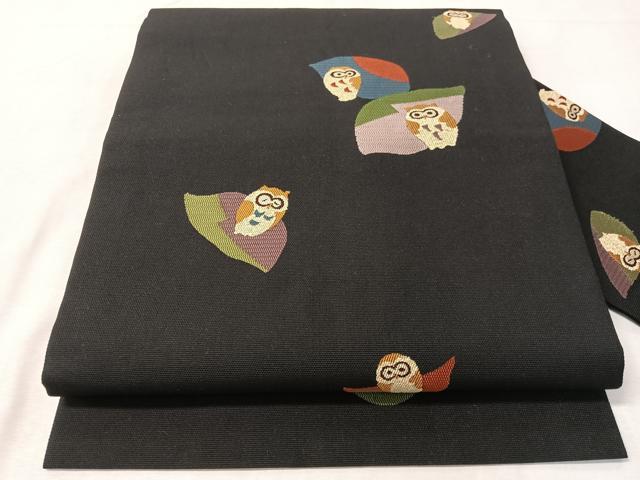 平和屋着物●九寸名古屋帯 ミミズク 黒地 正絹 逸品 CABJ0417vp
