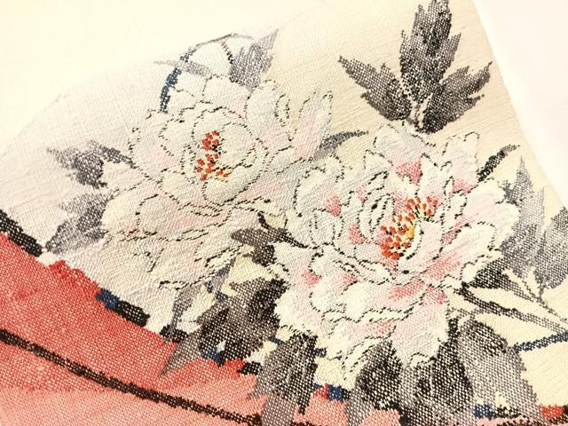 平和屋着物●八寸名古屋帯 紬地 牡丹 正絹 逸品 未使用 CABJ0420vp