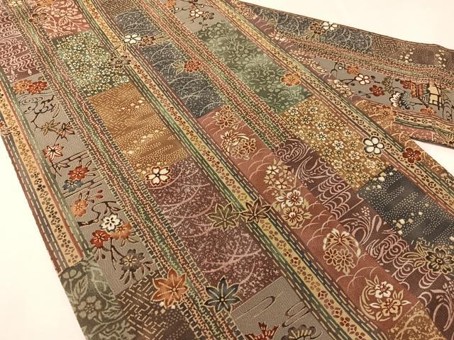 平和屋着物●全通柄 九寸名古屋帯 型染め 吉祥花鳥蝶間道 正絹 逸品 CABJ0426vp