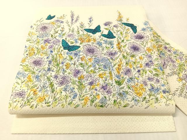 平和屋着物●九寸名古屋帯 手描き 花蝶文 正絹 逸品 CABJ0431vp
