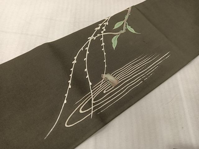 平和屋着物●塩瀬 九寸名古屋帯 手描き 休み鳥 黒地 正絹 逸品 CABJ0438vp