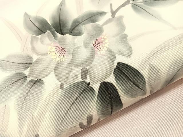 平和屋着物●塩瀬 九寸名古屋帯 作家物 手描き 枝花文 銀彩 正絹 逸品 CABJ0439vp