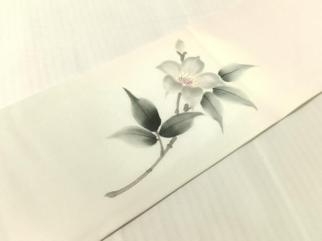 平和屋着物●塩瀬 九寸名古屋帯 作家物 手描き 枝花文 銀彩 正絹 逸品 CABJ0439vp