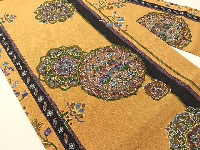 平和屋着物●全通柄 九寸名古屋帯 鏡裏双鳥花文 金彩 正絹 逸品 CABJ0440vp