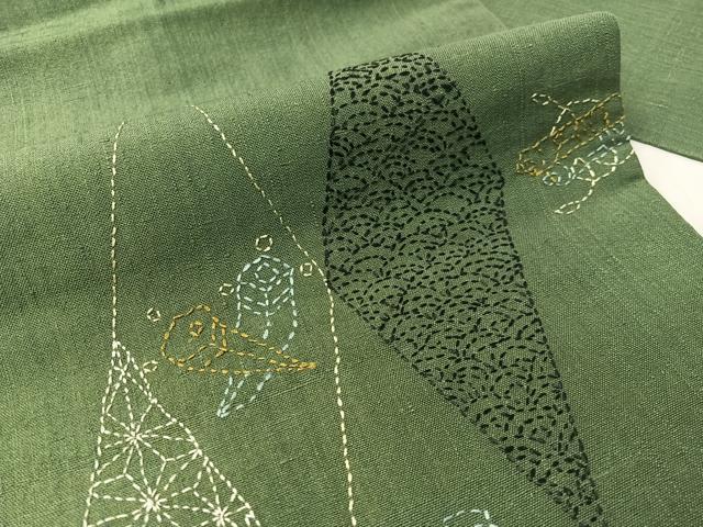 平和屋着物●総刺繍 刺し子 九寸名古屋帯 紬地 宝尽くし菱文 正絹 逸品 CABJ0442vp