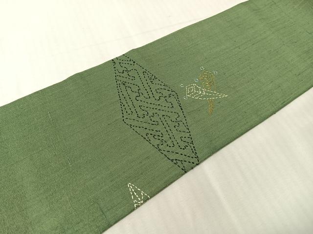 平和屋着物●総刺繍 刺し子 九寸名古屋帯 紬地 宝尽くし菱文 正絹 逸品 CABJ0442vp