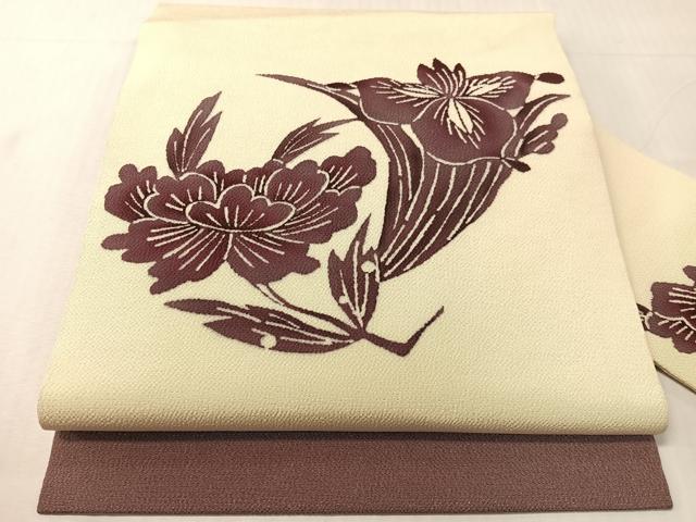 平和屋着物●九寸名古屋帯 型染め 草花文 鬼しぼ縮緬 正絹 逸品 CABJ0445vp