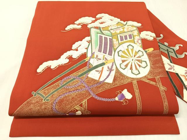平和屋着物●塩瀬 九寸名古屋帯 御所車 金彩 正絹 逸品 CABJ0446vp