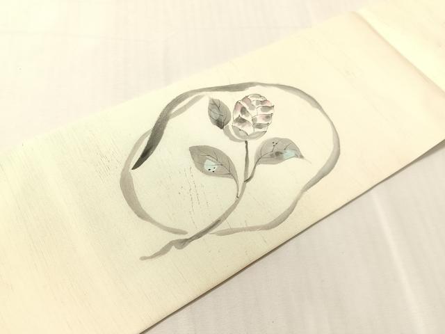 平和屋着物●塩瀬 九寸名古屋帯 作家物 手描き 刺繍 枝花丸文 金糸 正絹 逸品 CABJ0454vp