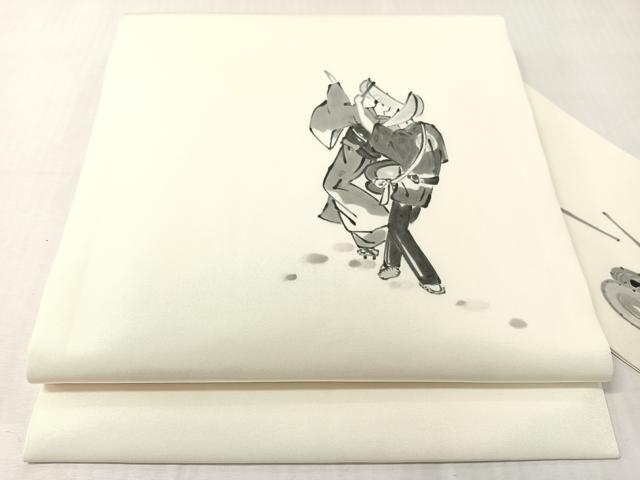 平和屋着物●塩瀬 九寸名古屋帯 手描き 人物風景文 正絹 逸品 CABJ0470vp