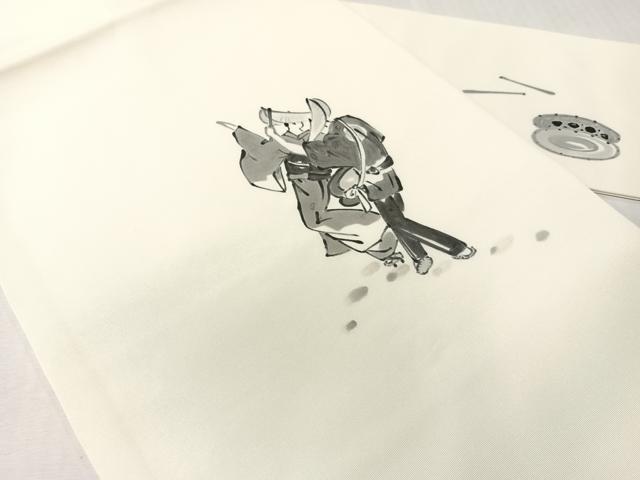 平和屋着物●塩瀬 九寸名古屋帯 手描き 人物風景文 正絹 逸品 CABJ0470vp