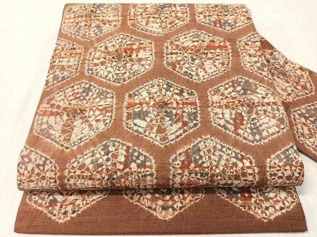 平和屋着物●九寸名古屋帯 紬地 絞り 亀甲文様 正絹 逸品 CABJ0473vp