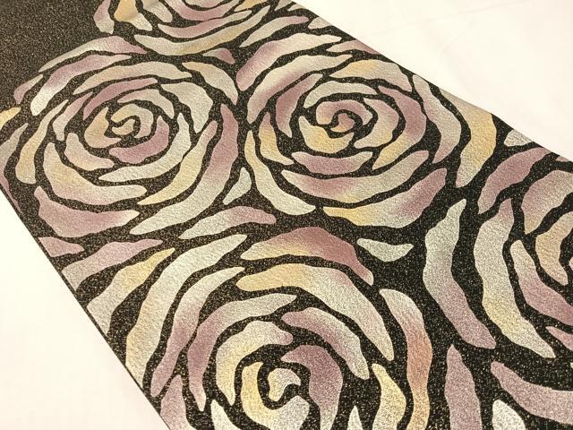平和屋着物●日本画家 手描き作家 デザイナー 高橋威至 太鼓柄袋帯 薔薇 黒地 金通し地 正絹 逸品 CABJ0474vp