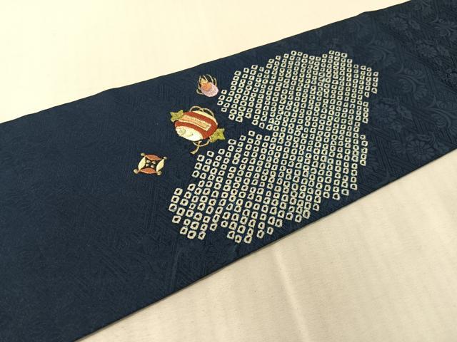 平和屋着物●九寸名古屋帯 絞り 刺繍 雲取り宝尽くし 金糸 正絹 逸品 CABJ0496vp