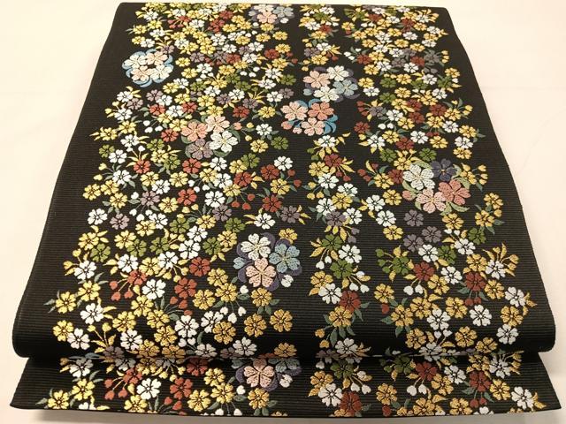平和屋着物●西陣 山下織物謹製 六通柄袋帯 唐織 葉桜 黒地 金糸 証紙付き 正絹 逸品 未使用 CABJ0508vp