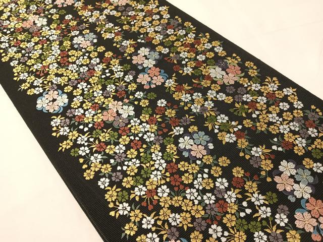 平和屋着物●西陣 山下織物謹製 六通柄袋帯 唐織 葉桜 黒地 金糸 証紙付き 正絹 逸品 未使用 CABJ0508vp