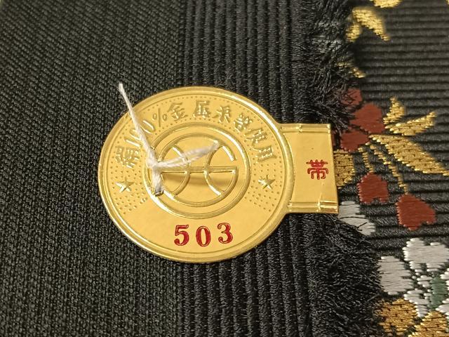 平和屋着物●西陣 山下織物謹製 六通柄袋帯 唐織 葉桜 黒地 金糸 証紙付き 正絹 逸品 未使用 CABJ0508vp