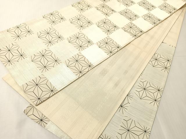 平和屋着物●本場筑前博多織 両面 六通柄京袋帯 市松麻の葉文 献上 生成り色 正絹 逸品 CABJ0516vp