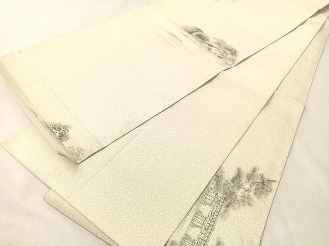 平和屋着物●六通柄袋帯 作家物 手描き 綴れ 京の景 嵐山 銀糸 正絹 逸品 CABJ0517vp