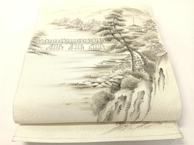 平和屋着物●六通柄袋帯 作家物 手描き 綴れ 京の景 嵐山 銀糸 正絹 逸品 CABJ0517vp