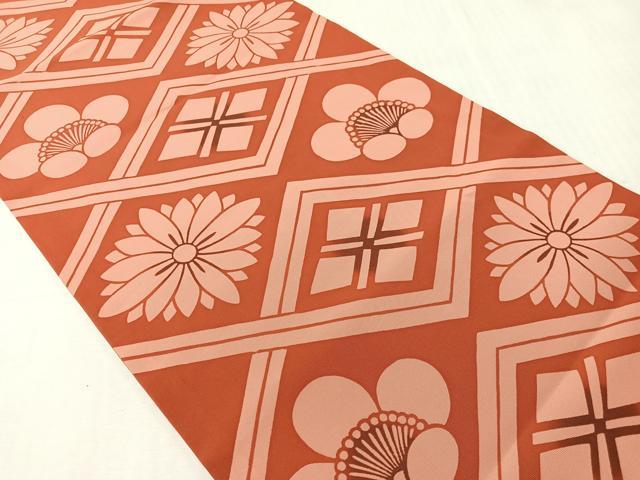 平和屋着物●塩瀬 九寸開き名古屋帯 型染め 菱吉祥花文 正絹 逸品 CABJ0532vp
