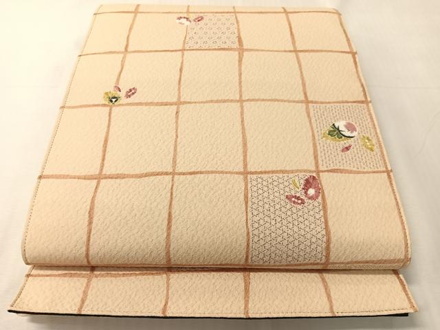 平和屋着物●全通柄袋帯 格子花文 長尺 CABJ0535vp