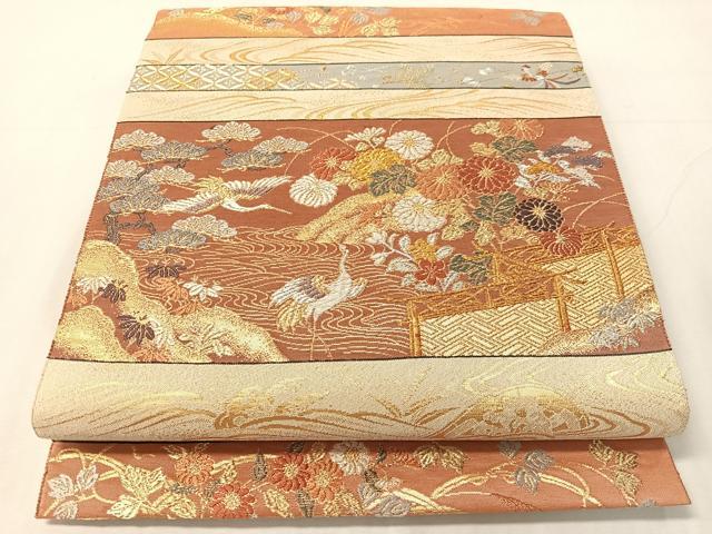平和屋着物●六通柄袋帯 唐織 綴れ 横段花鳥風景文 金銀糸 正絹 逸品 CABJ0569vp