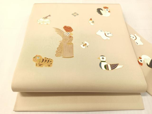 平和屋着物●塩瀬 九寸名古屋帯 刺繍 玩具文 金彩 正絹 逸品 CABJ0573vp