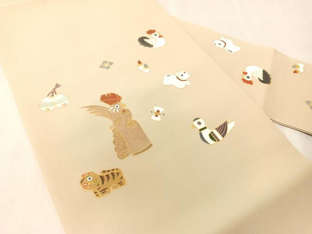 平和屋着物●塩瀬 九寸名古屋帯 刺繍 玩具文 金彩 正絹 逸品 CABJ0573vp