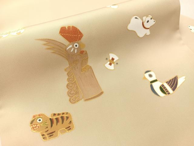 平和屋着物●塩瀬 九寸名古屋帯 刺繍 玩具文 金彩 正絹 逸品 CABJ0573vp