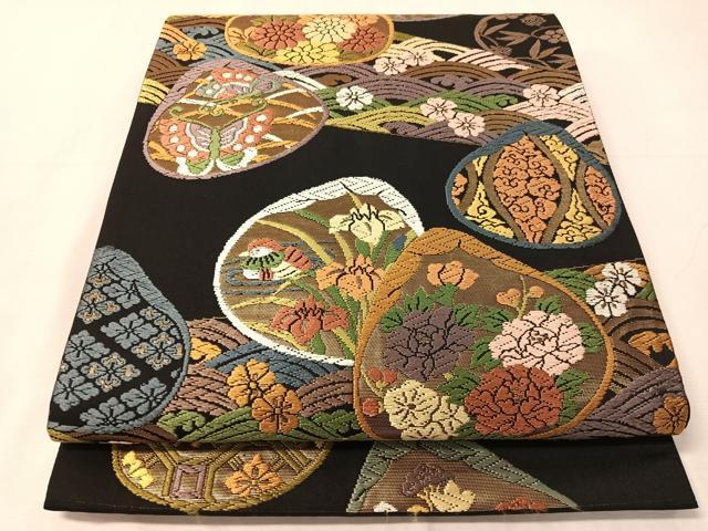 平和屋着物●六通柄袋帯 唐織 貝合わせ花蝶文 黒地 金糸 正絹 逸品 未使用 CABJ0575vp