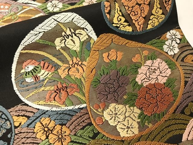 平和屋着物●六通柄袋帯 唐織 貝合わせ花蝶文 黒地 金糸 正絹 逸品 未使用 CABJ0575vp