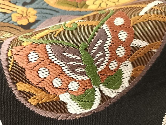 平和屋着物●六通柄袋帯 唐織 貝合わせ花蝶文 黒地 金糸 正絹 逸品 未使用 CABJ0575vp