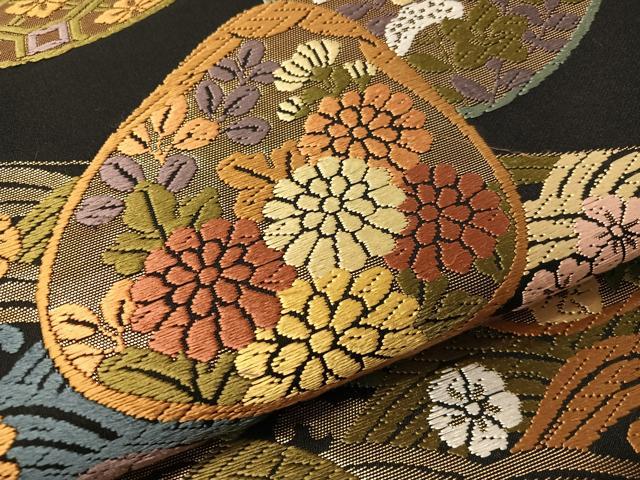 平和屋着物●六通柄袋帯 唐織 貝合わせ花蝶文 黒地 金糸 正絹 逸品 未使用 CABJ0575vp
